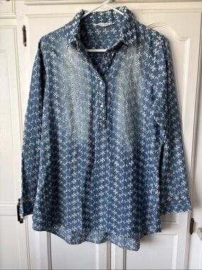 Given Kale Blue Floral Eyelet-Embroidered Button Down Shirt
